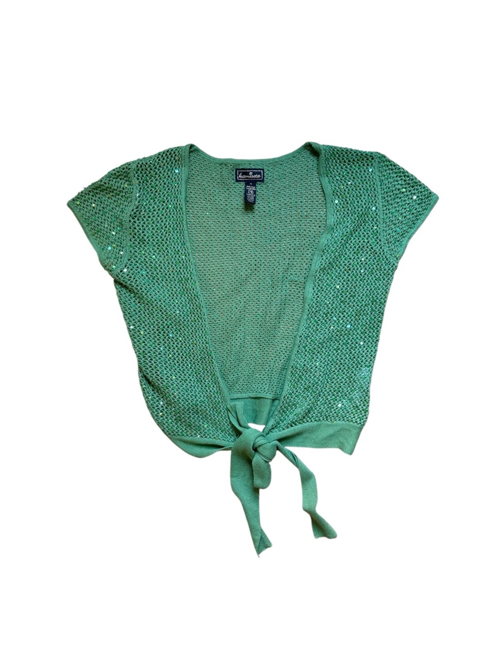 Vintage Y2K Green Sequin Shrug Bolero Cropped Cardigan Front Tie S